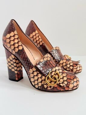 Gucci GG Marmont Python Fringe Loafer Pumps EU 38 Exotic Snakeskin Block Heels